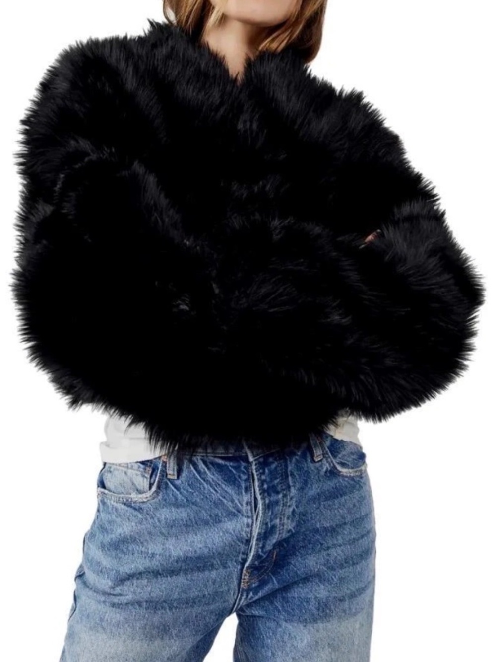 NWT We The Free Free People All Night Faux Fur Black Cropped Jacket Oversized XS